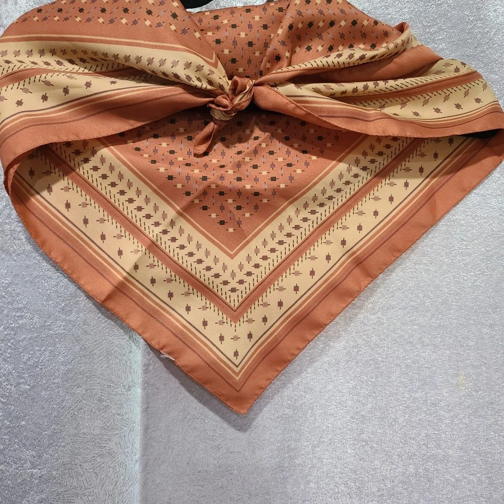 Vintage Style Terracotta Orange Geometric Foulard Square Silk Feel Scarf 26x26